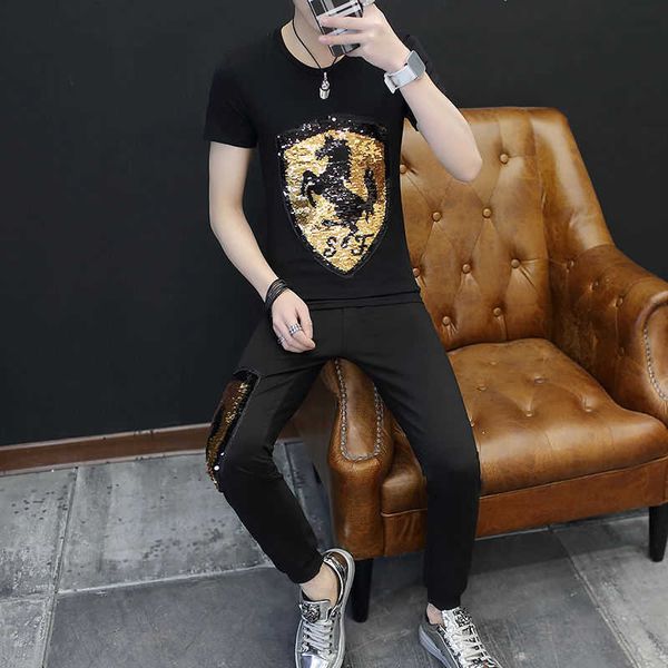 w0800 new season leisure suit men's youth short sleeve t-shirt fashion trend personality handsome sports two piece set, White;black
w0800 new season leisure suit men's youth short sleeve t-shirt fashion trend personality handsome sports two piece set, White;black