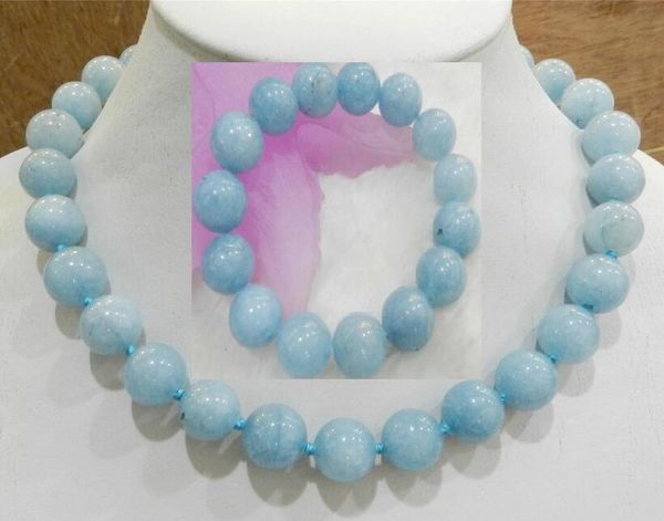 earrings & necklace 10mm brazilian blue bead round 18"+ bracelet 8" set, Silver