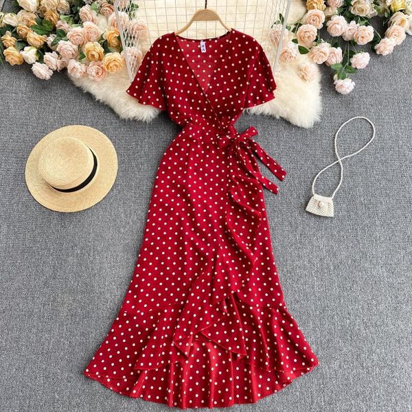 red/yellow/green polka dot long dress women elegant v-neck irregular ruffle high waist short sleeve vestidos summer robe 210426, Black;gray
red/yellow/green polka dot long dress women elegant v-neck irregular ruffle high waist short sleeve vestidos summer robe 210426, Black;gray