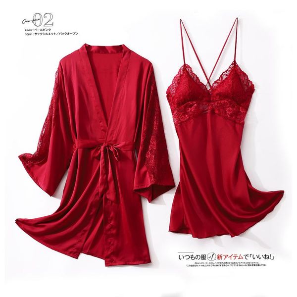 women's sleepwear wedding robe set 2 piece women satin kimono gown nightgown lace loose homewear bathrobe silky nightwear, Black;red
women's sleepwear wedding robe set 2 piece women satin kimono gown nightgown lace loose homewear bathrobe silky nightwear, Black;red