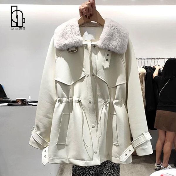women's leather & faux artificial jacket women winter korean style drawstring waist fur collar thick loose coat veste cuir femme parkas, Black
women's leather & faux artificial jacket women winter korean style drawstring waist fur collar thick loose coat veste cuir femme parkas, Black