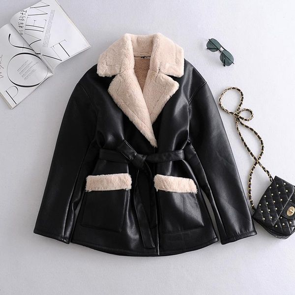women's leather & faux trendy winter women turn down collar jacket with belt thick warm long sleeve pu coat stretwear outwear, Black
women's leather & faux trendy winter women turn down collar jacket with belt thick warm long sleeve pu coat stretwear outwear, Black