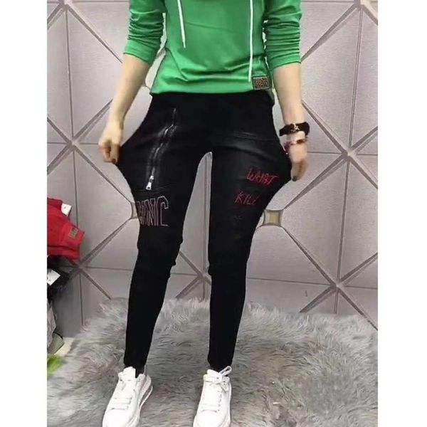 black high stretch women's summer thin decorative zipper embroidered pants casual slim, Blue