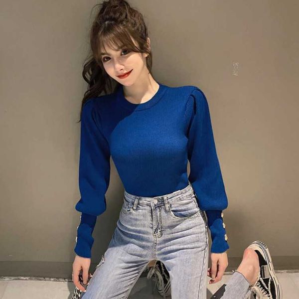 pullover sweater women autumn puff sleeve solid button knit ladies casual knitwear for 210526, White;black 
pullover sweater women autumn puff sleeve solid button knit ladies casual knitwear for 210526, White;black