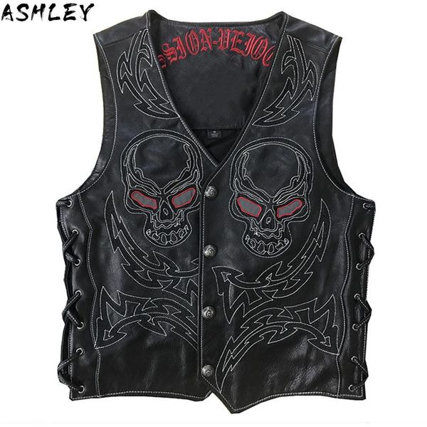 black men 2021 skulls embroidery motorcycle leather vest plus size 5xl genuine cowhide short biker's men's vests, Black;white
black men 2021 skulls embroidery motorcycle leather vest plus size 5xl genuine cowhide short biker's men's vests, Black;white