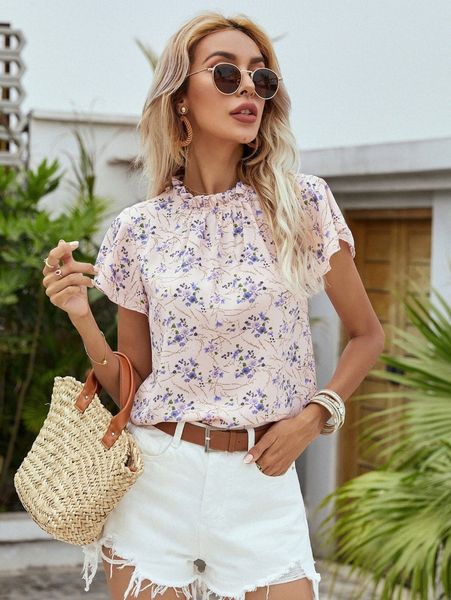 mock neck allover floral u60q#, White