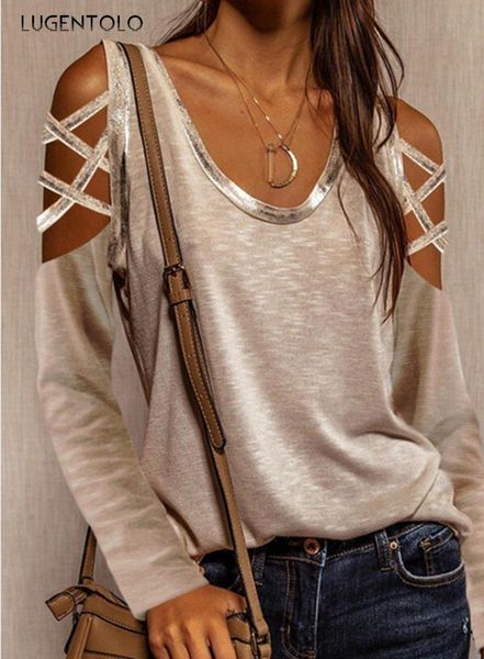 women's t-shirt lugentolo casual solid round neck off shoulder long sleeve tshirt female loose street t-shirts, White
women's t-shirt lugentolo casual solid round neck off shoulder long sleeve tshirt female loose street t-shirts, White