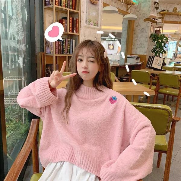 women's sweaters the autumn and winter korean college style small fresh spring loose knitted sweater fruit embroidery top, White;black 
women's sweaters the autumn and winter korean college style small fresh spring loose knitted sweater fruit embroidery top, White;black