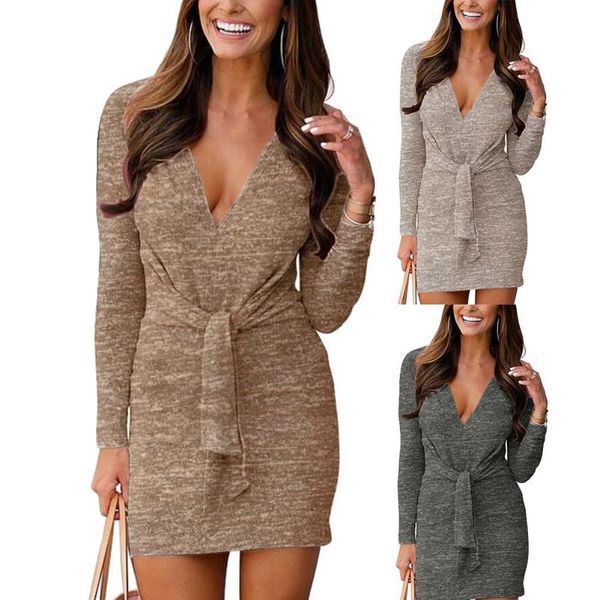 women solid color v neck long sleeve waist bandage knitted bodycon mini dress suitable for party banquet cocktail casual dresses, Black;gray
women solid color v neck long sleeve waist bandage knitted bodycon mini dress suitable for party banquet cocktail casual dresses, Black;gray