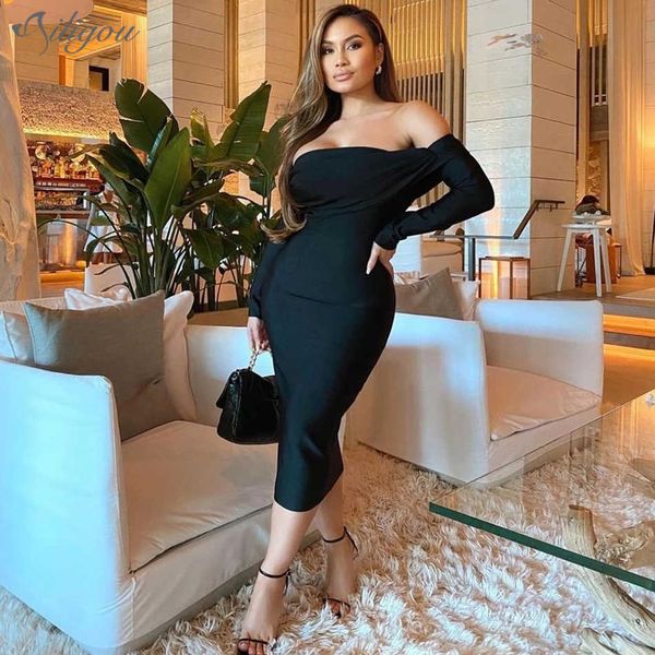 women's summer elegant long sleeve off shoulder black midi bodycon bandage dress party vestidos 210527, Black;gray
women's summer elegant long sleeve off shoulder black midi bodycon bandage dress party vestidos 210527, Black;gray