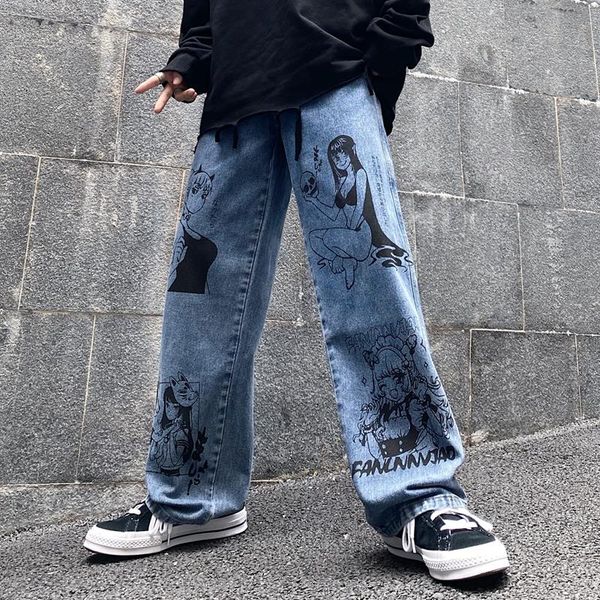 women's jeans ladies streetwear harajuku cartoon anime retro washed printed fashion men's loose wide leg pants cotton, Blue
women's jeans ladies streetwear harajuku cartoon anime retro washed printed fashion men's loose wide leg pants cotton, Blue