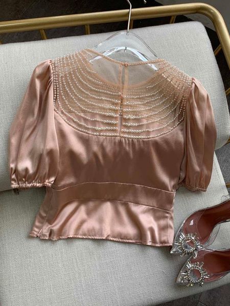 women's t-shirt elegant solid silk shirts for women summer chic pearl chain decoration lantern sleeve holiday slim short, White
women's t-shirt elegant solid silk shirts for women summer chic pearl chain decoration lantern sleeve holiday slim short, White