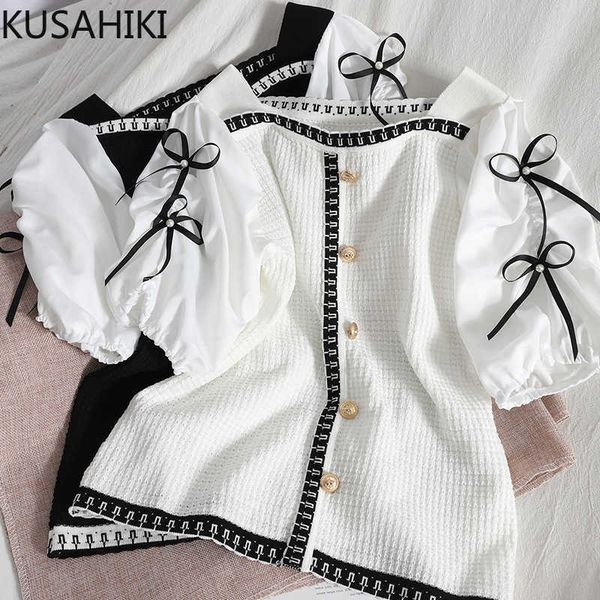 kusahiki women summer thin knitwear hit color square collar buttons knitted sweet bowknot puff sleeve jumpers 6h110 210602, White;black
kusahiki women summer thin knitwear hit color square collar buttons knitted sweet bowknot puff sleeve jumpers 6h110 210602, White;black