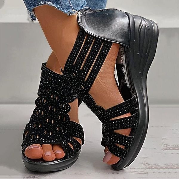 sandals summer flat beach women rhinestone fish mouth female mid-heel hollow slope with zapatillas mujer, Black
sandals summer flat beach women rhinestone fish mouth female mid-heel hollow slope with zapatillas mujer, Black
