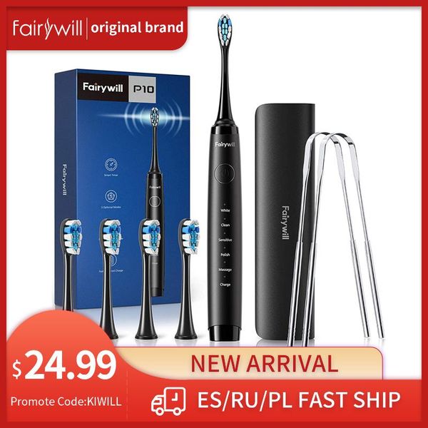smart electric toothbrush fairywill ultra-sonic p10 rechargeable 4 replacement heads timer with travel case & tongue scraper