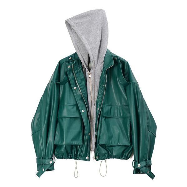 women's leather & faux fake two-piece pu jacket female nice spring loose hooded drawstring stitching sweatshirt women coat ns2464, Black
women's leather & faux fake two-piece pu jacket female nice spring loose hooded drawstring stitching sweatshirt women coat ns2464, Black