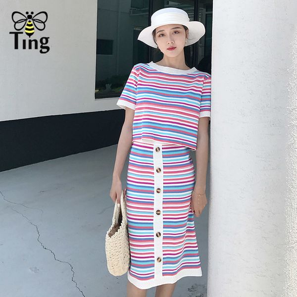 summer two pieces set women short sleeve striped knitted pullover + high wais button skirts womens casual suits 210513, White
summer two pieces set women short sleeve striped knitted pullover + high wais button skirts womens casual suits 210513, White
