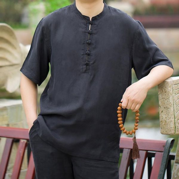 chinese style men's stand collar short sleeve t-shirt round neck large t real silk casual loose pants, Black
chinese style men's stand collar short sleeve t-shirt round neck large t real silk casual loose pants, Black