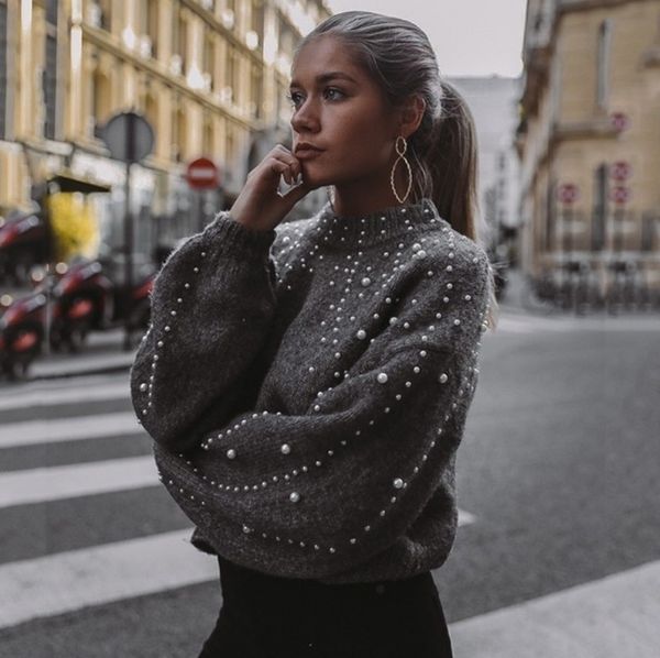 fashion sweater autumn and winter 2021 beaded pullover lantern sleeve for women, White;black
fashion sweater autumn and winter 2021 beaded pullover lantern sleeve for women, White;black
