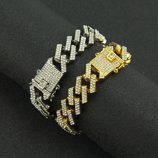 european and american hip-hop diamond full diamond men's bracelet bracelet exaggerated miami cuban chain bracelet width 15mm, Golden;silver
european and american hip-hop diamond full diamond men's bracelet bracelet exaggerated miami cuban chain bracelet width 15mm, Golden;silver