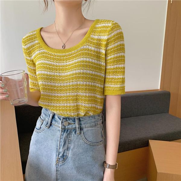 women's t-shirt 2021 summer style ice silk knitted sweater striped casual bottoming yellow short sle sleeves, White
women's t-shirt 2021 summer style ice silk knitted sweater striped casual bottoming yellow short sle sleeves, White