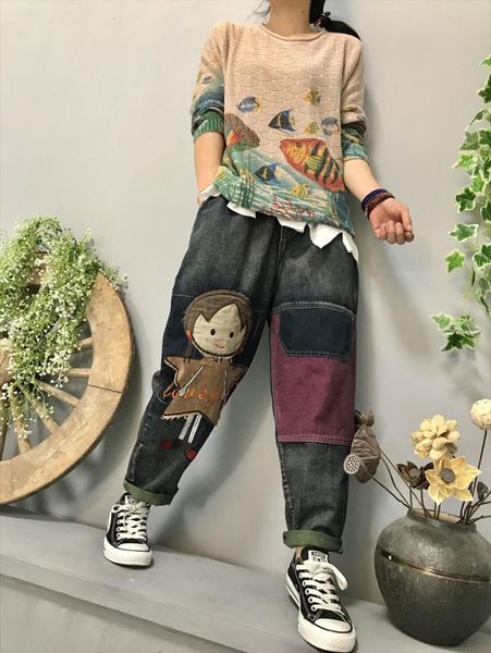spring fall fashion cartoon girl women jean patchwork vintage harem punk elastic waist streetwear hip hop denim pant, Blue
spring fall fashion cartoon girl women jean patchwork vintage harem punk elastic waist streetwear hip hop denim pant, Blue