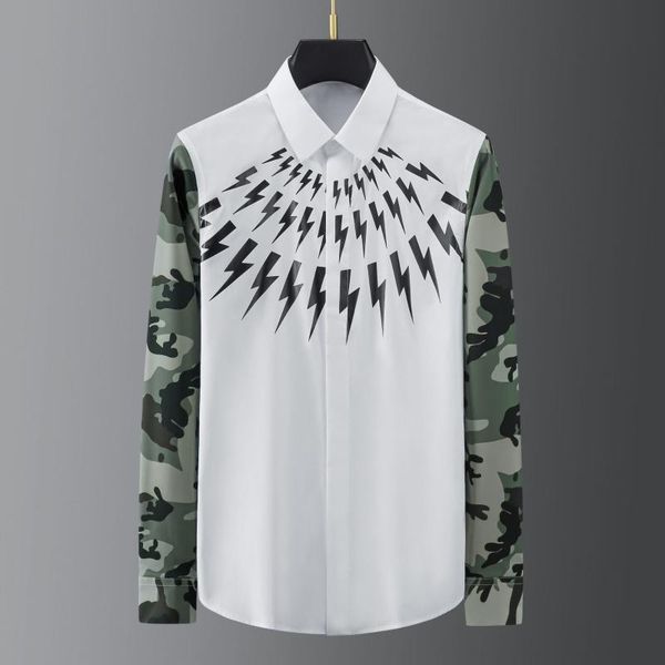 men's casual shirts stitching men shirt slim camouflage print club party social streetwear clothes chemise homme, White;black
men's casual shirts stitching men shirt slim camouflage print club party social streetwear clothes chemise homme, White;black