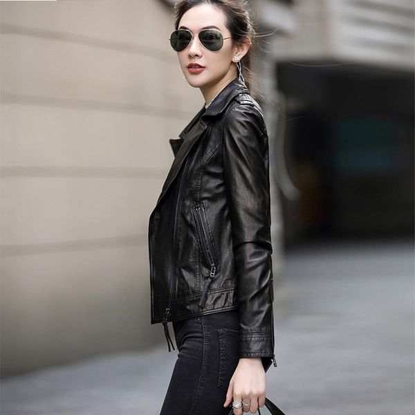 women's leather & faux genuine jacket for female sheepskin jackets short slim motorcycle plus size streetwear ot1703 mf173, Black
women's leather & faux genuine jacket for female sheepskin jackets short slim motorcycle plus size streetwear ot1703 mf173, Black