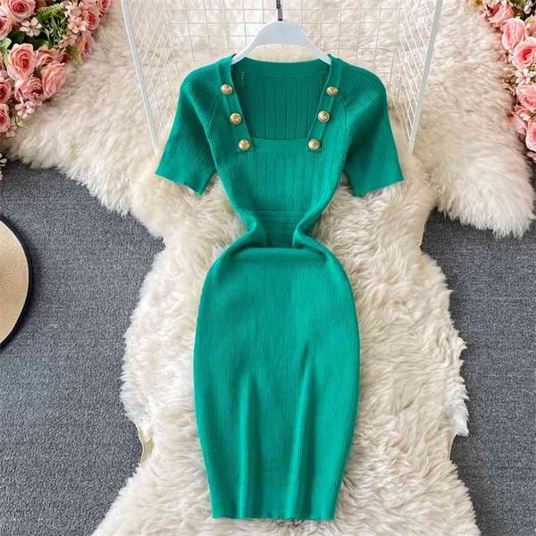 summer short-sleeve knit dress women elegant pure color buttons square collar slim fit stretch casual work party mini 210603, Black;gray
summer short-sleeve knit dress women elegant pure color buttons square collar slim fit stretch casual work party mini 210603, Black;gray