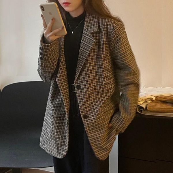 women's suits & blazers 2021 autumn and winter loose korean retro check back slit blazer jacket trend all-match, White;black
women's suits & blazers 2021 autumn and winter loose korean retro check back slit blazer jacket trend all-match, White;black