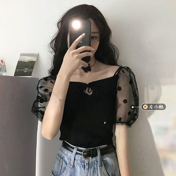 polka dot mesh patchwork puff short sleeve knitted ladies summer korean black tees slim t shirts women clothes hollow out women's t-sh, White
polka dot mesh patchwork puff short sleeve knitted ladies summer korean black tees slim t shirts women clothes hollow out women's t-sh, White