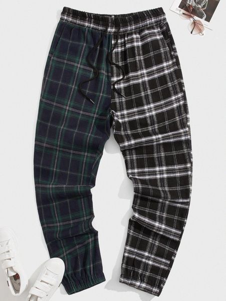 men colorblock tartan pattern drawstring waist pants o8ca#, Black
men colorblock tartan pattern drawstring waist pants o8ca#, Black