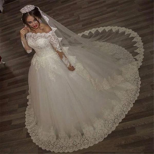 arabic princess wedding dresses lace long sleeve ball gown 2021 bateau neack off shoulder appliques chapel cathedral bridal gowns plus size, White
arabic princess wedding dresses lace long sleeve ball gown 2021 bateau neack off shoulder appliques chapel cathedral bridal gowns plus size, White