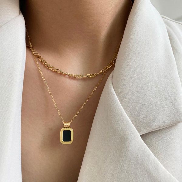 peri'sbox double layered square black shell necklaces flat figaro chain for women vintage titanium steel necklace pendant, Silver
peri'sbox double layered square black shell necklaces flat figaro chain for women vintage titanium steel necklace pendant, Silver
