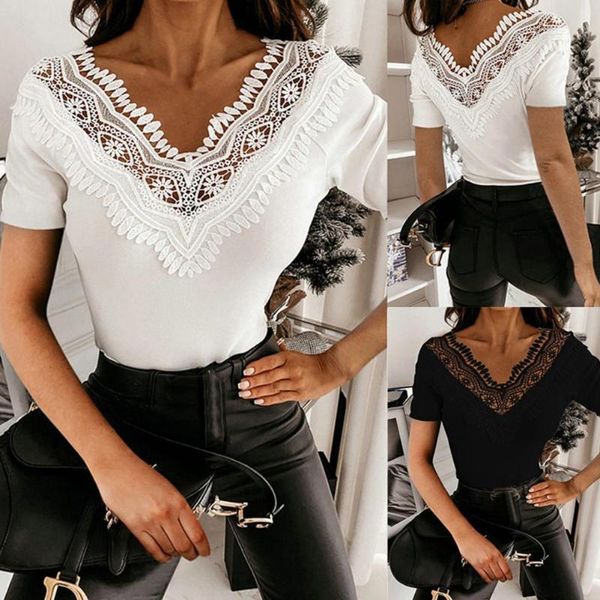 women summer solid color t-shirts mesh patchwork design blouse slim lace hollow casual tunic club shirts women's t-shirt, White
women summer solid color t-shirts mesh patchwork design blouse slim lace hollow casual tunic club shirts women's t-shirt, White