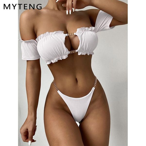 women's swimwear off shoulder bikini women summer ruffled bathing suit beachwear ribbed two-piece set swimsuit lady biqiuni, White;black
women's swimwear off shoulder bikini women summer ruffled bathing suit beachwear ribbed two-piece set swimsuit lady biqiuni, White;black