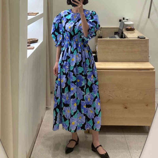 o neck short puff sleeve dress women flower printed high waist a line midi dresses arrival korean style vestidos 210522, Black;gray
o neck short puff sleeve dress women flower printed high waist a line midi dresses arrival korean style vestidos 210522, Black;gray