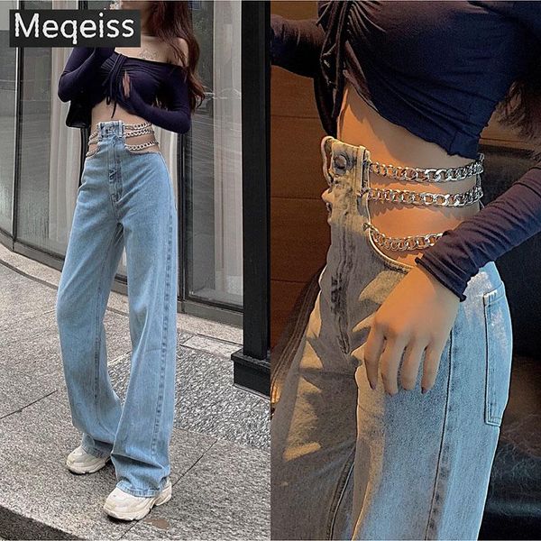 meqeiss streetwear side cross chain hollow out wide-leg women's jeans high waist pants elegant ladies europe fashion, Blue
meqeiss streetwear side cross chain hollow out wide-leg women's jeans high waist pants elegant ladies europe fashion, Blue
