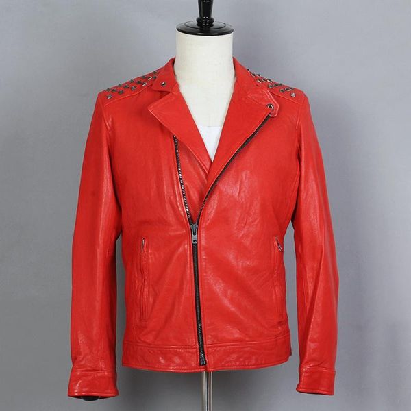 men's leather & faux fashion rivets slim fit genuine jacket men red sheepskin turn-down collar biker motorcycle coat for male, Black
men's leather & faux fashion rivets slim fit genuine jacket men red sheepskin turn-down collar biker motorcycle coat for male, Black