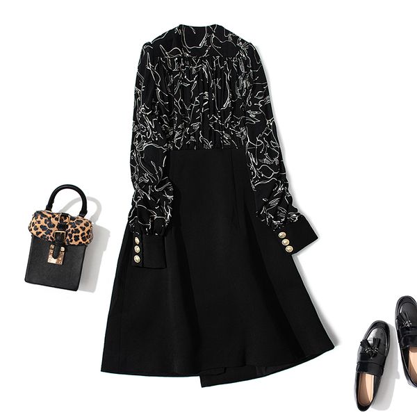 black long-sleeved printed high-end temperament dress autumn new v-neck stitching mid-length dress for women, Black;gray
black long-sleeved printed high-end temperament dress autumn new v-neck stitching mid-length dress for women, Black;gray