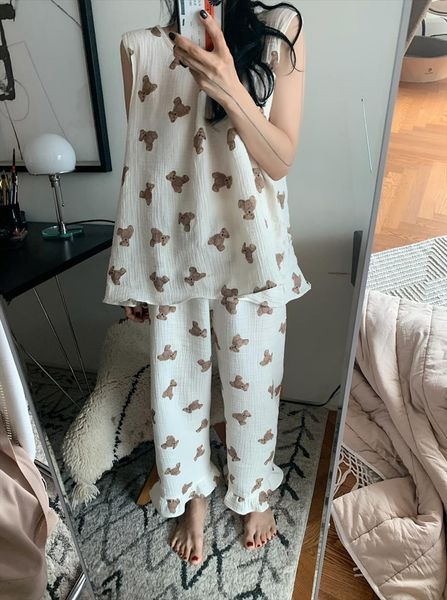sleeveless cartoon bear summer pajama womens sleepwears set kawaii pants 2 piece sleepwear home suit cotton homewear breathable y748, Black;red
sleeveless cartoon bear summer pajama womens sleepwears set kawaii pants 2 piece sleepwear home suit cotton homewear breathable y748, Black;red