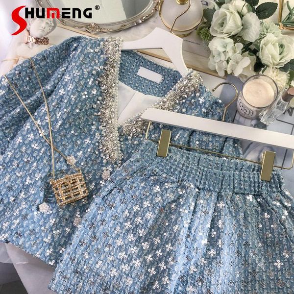women's two piece pants 2021 summer retro fashion v-neck rhinestone pearl double breasted sequined short blue shirt shorts two-piece su, White
women's two piece pants 2021 summer retro fashion v-neck rhinestone pearl double breasted sequined short blue shirt shorts two-piece su, White
