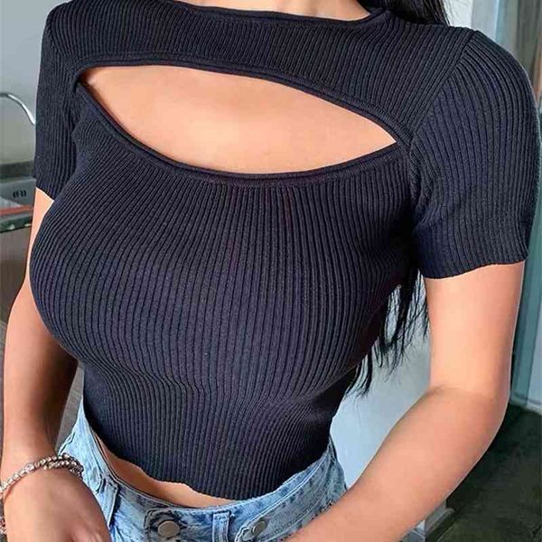 women's tracksuits summer women's fine hollow out the chest design slim short t-shirt women fashionable high street exquisite, Gray