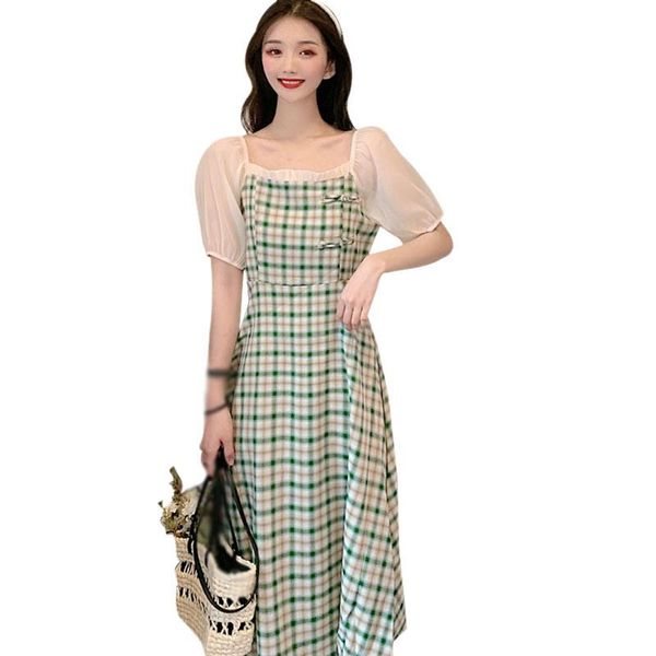 french style mid-calf plaid vintage dress women elegant short puff sleeve fashion patchwork clothing size casual dresses, Black;gray
french style mid-calf plaid vintage dress women elegant short puff sleeve fashion patchwork clothing size casual dresses, Black;gray