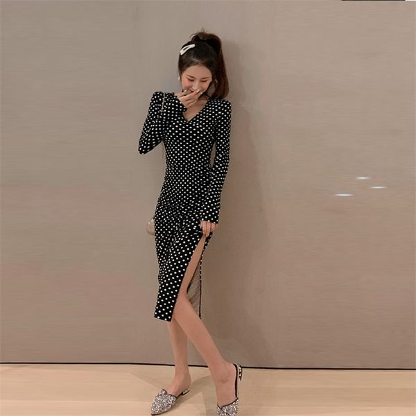 women's bottoming dress fashion spring autumn v-neck split polka dot slim fit thin full long ml630 210506, Black;gray
women's bottoming dress fashion spring autumn v-neck split polka dot slim fit thin full long ml630 210506, Black;gray