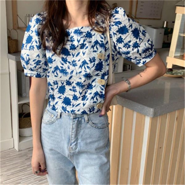women's blouses & shirts 2021 arrivals floral print summer shirt for ladies square collar puff sleeve female fashion elegant, White 
women's blouses & shirts 2021 arrivals floral print summer shirt for ladies square collar puff sleeve female fashion elegant, White