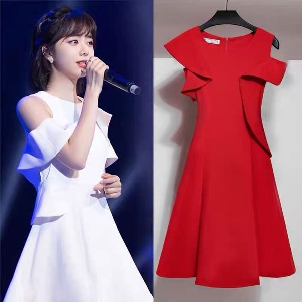white off shoulder dress for women's summer new slim a-line skirt with ruffle temperament, White;black
white off shoulder dress for women's summer new slim a-line skirt with ruffle temperament, White;black