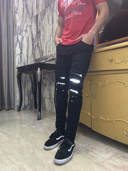 men's pants reflective jeans skinny slim fit denim destroyed frayed trousers nightclub, Black
men's pants reflective jeans skinny slim fit denim destroyed frayed trousers nightclub, Black