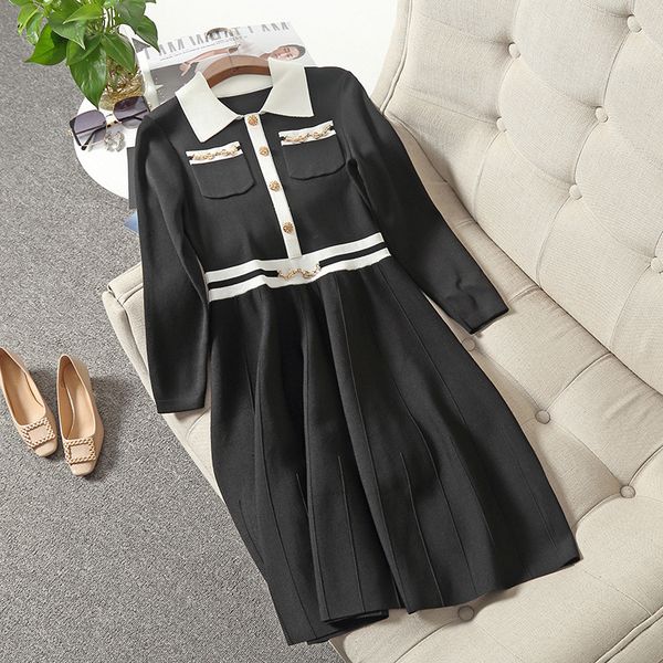 2021 fall autumn long sleeve lapel neck black white contrast color knitted panelled pockets knee-length dress elegant casual dresses 21s0882, Black;gray
2021 fall autumn long sleeve lapel neck black white contrast color knitted panelled pockets knee-length dress elegant casual dresses 21s0882, Black;gray