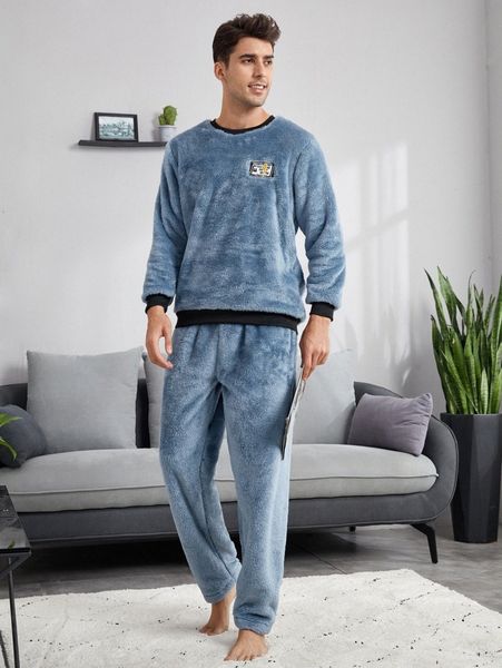 men embroidered patch detail contrast trim teddy pj set d37w#, Black;brown 
men embroidered patch detail contrast trim teddy pj set d37w#, Black;brown